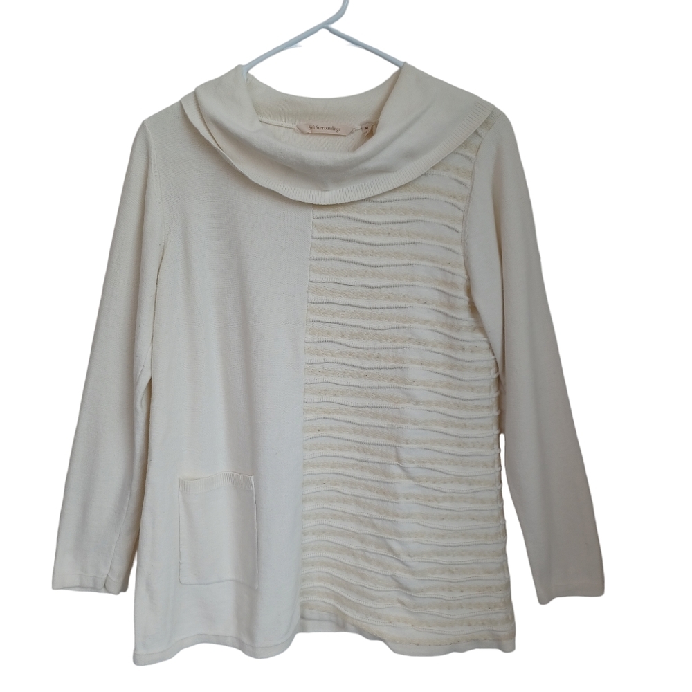 Soft Surroundings Ivory Cowl Neck Mixed Texture Striped Sweater 2EU90 Womens M‎